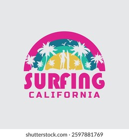 Vector illustration on the theme of surfing and surf in California. Sport typography, t-shirt graphics, print, poster, banner, flyer, postcard