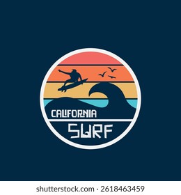 Vector illustration on the theme of surfing and surf in California. Stump typography, t-shirt graphics, print, poster, banner, flyer, postcard