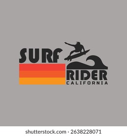 Vector illustration on the theme of surfing and surf rider in California. Sport typography, t-shirt graphics, print, poster, banner, flyer, postcard