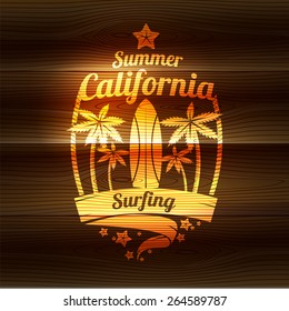 Vector illustration on the theme of surfing in California. west coast, print, vintage illustration, emblem, vector, palm trees, surfer