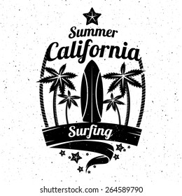 Vector illustration on the theme of surfing in California. west coast, print, vintage illustration, emblem, vector, palm trees, surfer