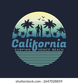 Vector illustration on the theme of surfing and surf rider in California. Sport typography, t-shirt graphics, print, poster, banner, flyer, postcard