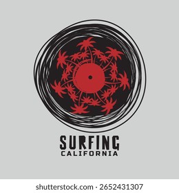 Ilustração vetorial sobre o tema surf e surf na Califórnia. Tipografia esportiva, gráficos t-shirt, impressão, cartaz, banner, folheto, cartão postal