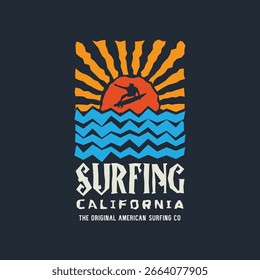 Ilustración vectorial sobre el surf y el surf en California. Tipografía del deporte, gráficos de la camiseta, impresión, cartel, Anuncio, volante, postal
