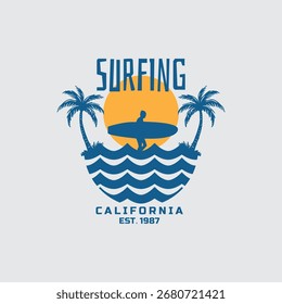 Ilustración vectorial sobre el surf y el surf en California. Tipografía del deporte, gráficos de la camiseta, impresión, cartel, Anuncio, volante, postal