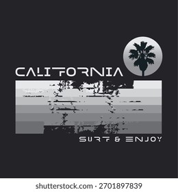 Ilustración vectorial sobre el surf y el surf en California. Tipografía del deporte, gráficos de la camiseta, impresión, cartel, Anuncio, volante, postal