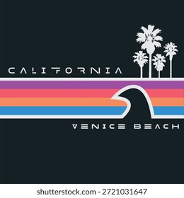 Ilustración vectorial sobre el surf y el surf en California. Tipografía del deporte, gráficos de la camiseta, impresión, cartel, Anuncio, volante, postal