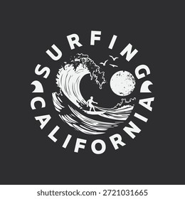 Ilustração vetorial sobre o tema surf e surf na Califórnia. Cartaz, cartaz, banner, folheto, cartão-postal, tipografia, gráficos t-shirt, impressão