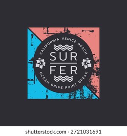 Ilustración vectorial sobre el surf y el surf en California. Diseño de Antiguas. Tipografía del deporte, gráficos de la camiseta, impresión, cartel, Anuncio, volante, postal