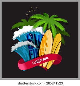 Vector illustration on the theme of surfing in California. west coast, t-shirt graphics, vintage illustration, emblem, vector, palm trees, surfer