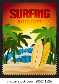 Vector illustration on the theme of surfing in California. west coast, t-shirt graphics, vintage illustration, emblem, vector, palm trees, surfer