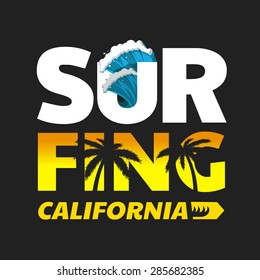 Vector illustration on the theme of surfing in California. west coast, t-shirt graphics, vintage illustration, emblem, vector, palm trees, surfer