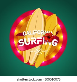 Vector illustration on the theme of surfing in California. west coast, t-shirt graphics, vintage illustration, emblem, vector, palm trees, surfer