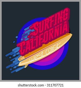 Vector illustration on the theme of surfing in California. west coast, print, vintage illustration, emblem, vector, palm trees, surfer