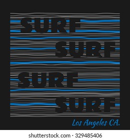 Vector illustration on the theme of surfing in Los Angeles, California. Typography, t-shirt graphics, poster, banner, flyer, postcard