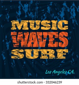 Vector illustration on the theme of surfing in Los Angeles, California. Typography, t-shirt graphics, poster, banner, flyer, postcard. Grunge background
