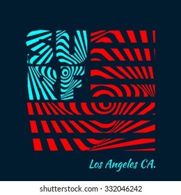 Vector illustration on the theme of surfing in Los Angeles, California. America flag. Typography, t-shirt graphics, poster, banner, flyer, postcard
