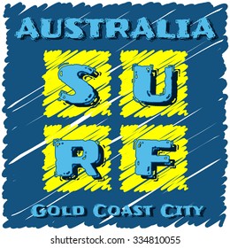 Vector illustration on the theme of surfing in Australia, Gold Coast City. Typography, t-shirt graphics, poster, banner, flyer, postcard