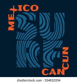 Vector illustration on the theme of surfing in Cancun, Mexico. Sport typography, t-shirt graphics, emblem, poster, banner, flyer, postcard