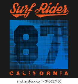 Vector illustration on the theme of surfing and surf in California. Grunge style. Typography, t-shirt graphics, poster, banner, flyer, postcard