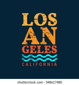 Vector illustration on the theme of surfing in Los Angeles, California. Retro design, Vintage style. Typography, t-shirt graphics, poster, banner, flyer, postcard