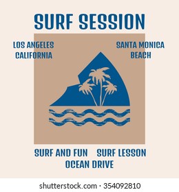 Vector illustration on the theme of surfing and surf in California, Santa Monica beach. Typography, t-shirt graphics, poster, banner, flyer, postcard 