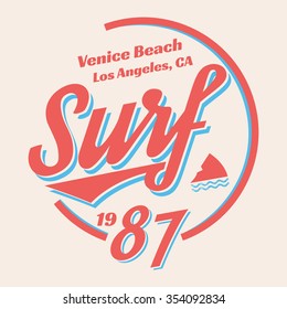 Vector illustration on the theme of surfing and surf in California, Venice beach. Vintage style. Retro design.Typography, t-shirt graphics, poster, banner, flyer, postcard