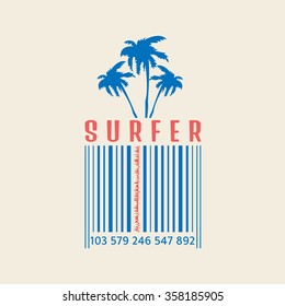 Vector illustration on the theme of surfing and surf. Surfer, palms and barcode. Typography, t-shirt graphics, poster, banner, flyer, postcard

