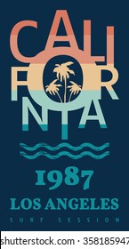 Vector illustration on the theme of surfing and surf in California, Los Angeles. Retro design, vintage style. Typography, t-shirt graphics, poster, banner, flyer, postcard