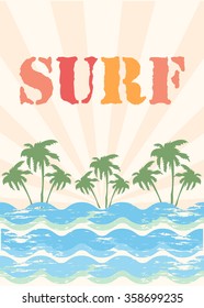 Vector illustration on the theme of surfing and surf.  Typography, t-shirt graphics, poster, banner, flyer, postcard