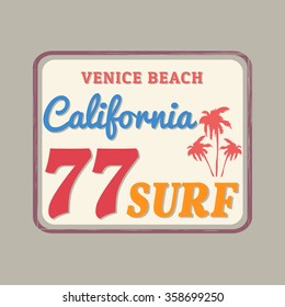 Vector illustration on the theme of surfing and surf in California, Venice beach. Styling license plate. Retro design, vintage style. Typography, t-shirt graphics, poster, banner, flyer, postcard