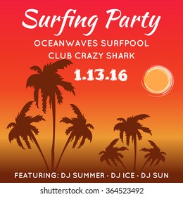 Vector illustration on the theme of surfing and surf. Surf party. Typography, t-shirt graphics, poster, banner, flyer, postcard