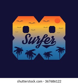 Vector illustration on the theme of surfing and surfer. Typography, t-shirt graphics, poster, banner, flyer, postcard