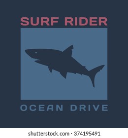 Vector illustration on the theme of surfing and surf. Slogan: Surf rider. Ocean drive. Typography, t-shirt graphics, poster, banner, flyer, postcard