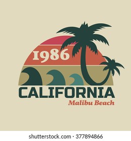 Vector illustration on the theme of surfing in California. Vintage design. Typography, t-shirt graphics, poster, banner, flyer, postcard