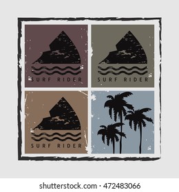 Vector illustration on the theme of surfing and surf rider. Vintage design. Grunge background. Typography, t-shirt graphics, poster, banner, flyer, postcard