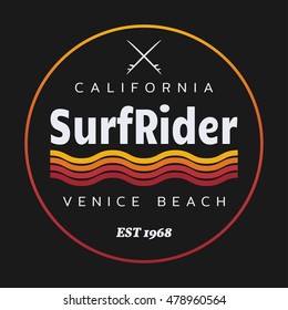 Vector illustration on the theme of surfing and surf rider in California, Venice beach. Stamp typography, t-shirt graphics, poster, banner, flyer, postcard