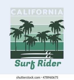 Vector illustration on the theme of surfing and surf rider in California. Typography, t-shirt graphics, poster, banner, flyer, postcard