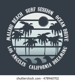 Vector illustration on the theme of surfing and surf rider in California, Los Angeles, Malibu beach. Typography, t-shirt graphics, poster, banner, flyer, postcard