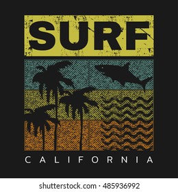 Vector illustration on the theme of surfing and surf in California. Grunge background. Typography, t-shirt graphics, poster, banner, flyer, postcard