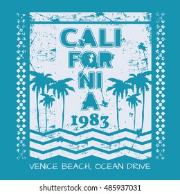 Vector illustration on the theme of surfing and surf in California, Venice beach. Vintage design. Grunge background. Typography, t-shirt graphics, poster, banner, flyer, postcard