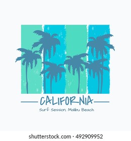 Vector illustration on the theme of surfing in California, Malibu beach. Grunge background. Typography, t-shirt graphics, poster, banner, flyer, print, postcard
