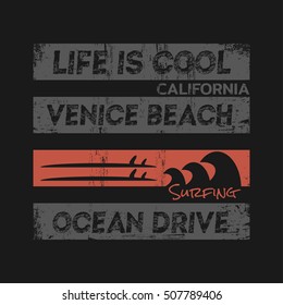 Vector illustration on the theme of surfing and surf in California, Venice beach. Grunge background. Typography, t-shirt graphics, print, poster, banner; flyer, postcard