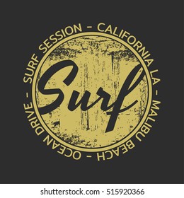 Vector illustration on the theme of surfing and surf in California, Malibu beach. Grunge background. Stamp typography, t-shirt graphics, poster, banner, flyer, print, postcard