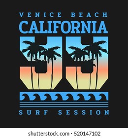 Ilustração vetorial sobre o tema do surf e surf rider na Califórnia, Venice Beach. Tipografia esportiva número, t-shirt gráficos, cartaz, banner, folheto; cartão postal