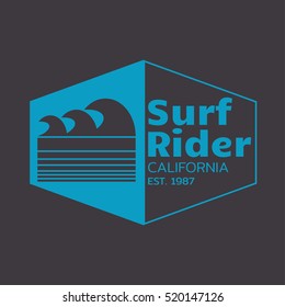Vector illustration on the theme of surfing and surf rider in California. The logo design. Typography, t-shirt graphics, poster, banner, flyer, print; postcard