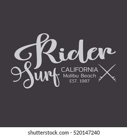 Vector illustration on the theme of surfing and surf rider in California, Malibu beach. The logo design. Stamp typography, t-shirt graphics, poster, banner, flyer; print, postcard