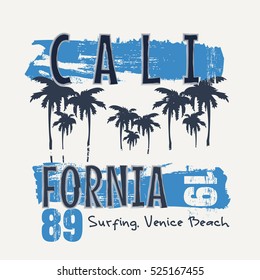 Vector illustration on the theme of surfing and surf in California, Venice beach. Vintage design.  Grunge background. Typography, t-shirt graphics, slogan, print, poster, banner, flyer; postcard