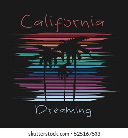 Vector illustration on the theme of surfing and surf. Slogan: California dreaming.  Typography, t-shirt graphics, poster, banner, flyer; print, postcard