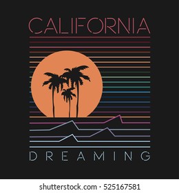 Vector illustration on the theme of surfing and surf. Slogan: California dreaming.  Typography, t-shirt graphics, poster, banner, flyer; print, postcard